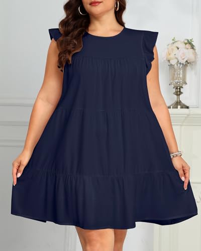 Image of Holipick Women's Plus Size Summer Dresses Casual Short Dress Babydoll Ruffle Sleeve Swing Flowy Sleeveless Tunic Dress