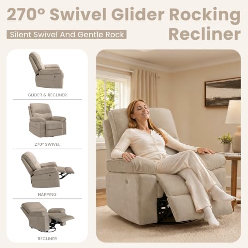 Image of Nursery Rocking Chair Glider with USB & Type-C Charging, Oversized 270 Swivel Recliner Chair for Breastfeeding, Baby Room Nursing Chair with Wide Foot Rest, Living Room Chair, Linen