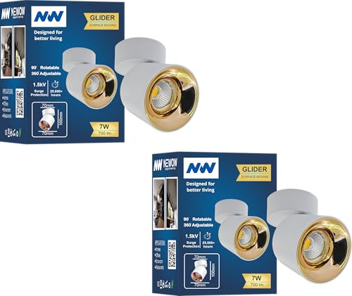 Image of NW 7W Glider SF Moveable White with Gold Aluminium 360 Degree Adjustable Cylindrical Shape LED Surface Light | COB Light | Wall Light | Spot Light | Light Color- White (Pack of 2)