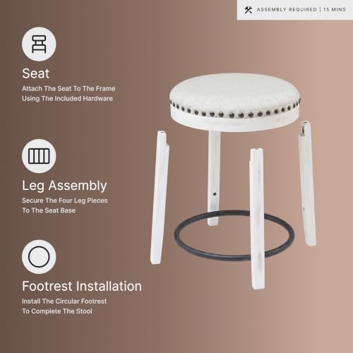 Signature Design by Ashley Valebeck 24 Inch Counter Height Stool | Backless swivel design, Rustic vintage white frame, Cozy beige woven fabric, Metal footrest - image 5