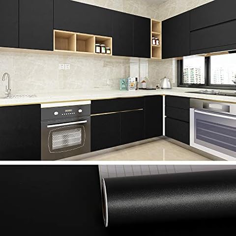 VEELIKE Mattschwarze Tapete Klebefolie Möbelfolie Wandfolie Selbstklebend Schrankfolien Abwaschbare Tapete Dekofolie Tisch Badezimmer Leicht zu reinigen Ölbeständig Abnehmbar Wasserdicht 40cm x 600cm Cover