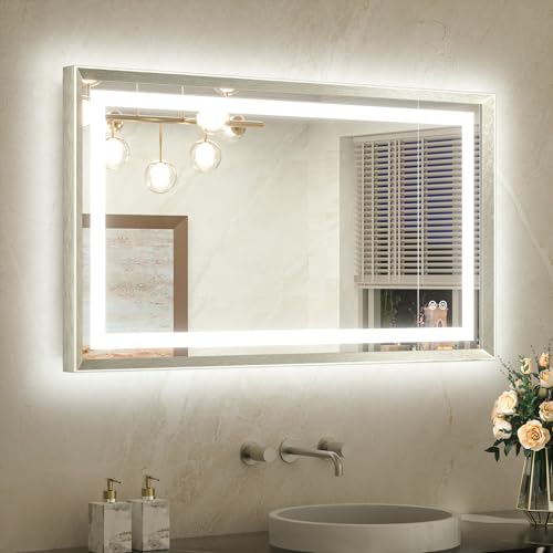 TETOTE 40 x 24 Led Mirror Brushed Bright Nickel Metal Frame Frontlit & Backlit Vanity Mirror Anti-Fog Stepless Dimmable 3 Colors White/Warm/Natural Wall Mirror with Lights Wall-Mounted