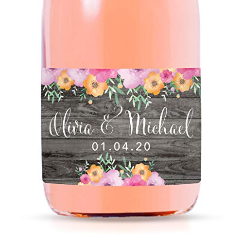 Andaz Press Personalized Mini Champagne Wine Bottle Wedding Favor Labels, Olivia & Michael, Date, Rustic Gray Wood Floral Flowers, 20-Pack, Custom Mini Champagne Favor Gift Stickers