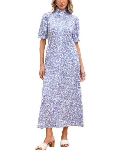 Women's Summer Floral Midi Dress Casual Ruffle Neck Puff Sleeve Button Down Shirt Dresses，No Stretch