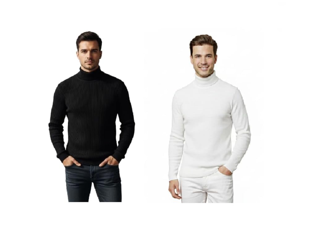 Stylish High Neck Ribbed Sweater, Full Sleeves, Woolen Warm Fabric, Comfortable Trendy Wear for Men and Women, Black (in, Alpha, M, 2, Black & White)-picture-19
