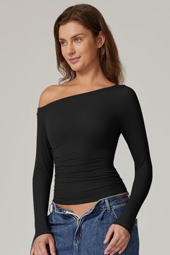 QINSEN Women's Sexy Off Shoulder Shirt Long Sleeve Double Lined Tops Side Ruched Fitted Tees4