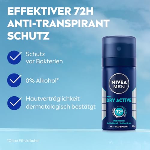 NIVEA MEN Dry Active Deo Spray Reisegröße, Deodorant mit 72h Anti-Transpirant-Schutz für ein trockenes Hautgefühl, antibakterielles Deospray ohne Ethylalkohol (35 ml)