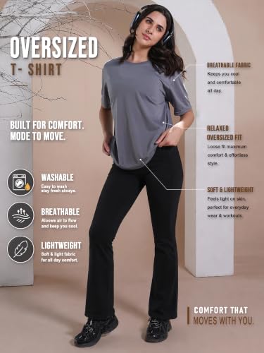 Image of CHKOKKO Oversized Round Neck Drop Shoulder Solid Polyester Full Sleeves T-Shirt for Women