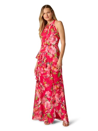 Image of Adrianna Papell Women's Printed Mermaid Dress | Long Floral Halter Top Dress with Ruffled Skirt Detail & Side Slit