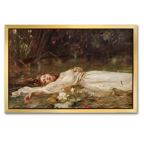 AIMAILON Vintage Gold Canvas Wall Art Framed Decor for Study Room Bedroom Classical Relaxing Young Lady Picture Victorian Summer Pond Lotus Background Artwork Desktop Home Decoration 12x18