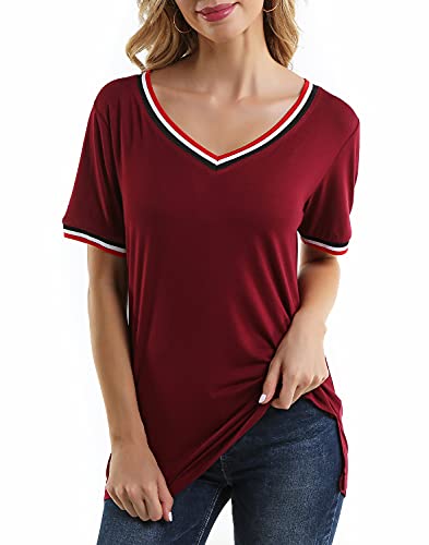 VICT POPU Damen Top V-Ausschnitt Sommer Kurzarm Seite Split Loose Fit Casual T-Shirts, claret, Mittel Cover