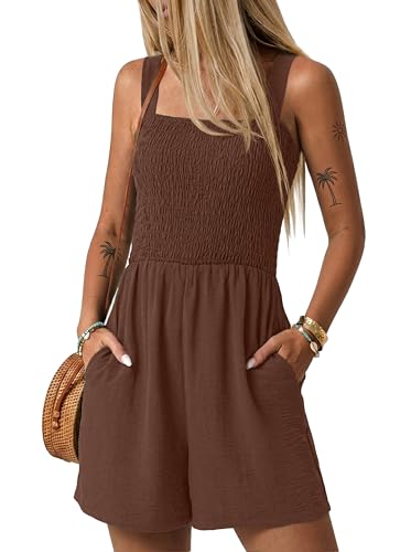 Image of Lepunuo Womens Rompers for Summer Casual Smocked Jumpers Overalls Square Neck Jumpsuits with Pockets Beach Vacation
