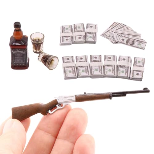 FTYHXP 1 Set Miniature Things 1/12 Scale Dollhouse Accessories Miniature Money Mini Gun Mini Wine Bottle Model for Tiny Doll House Accessories,Action...