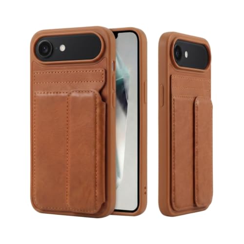 Image of amazon basics Luxury Vegan Leather Back Cover for iPhone 17 Air | Built-in Card Holder Slot | Integrated Mobile Stand | Slim Shockproof Protective Case with Stitched Finish - Tan
