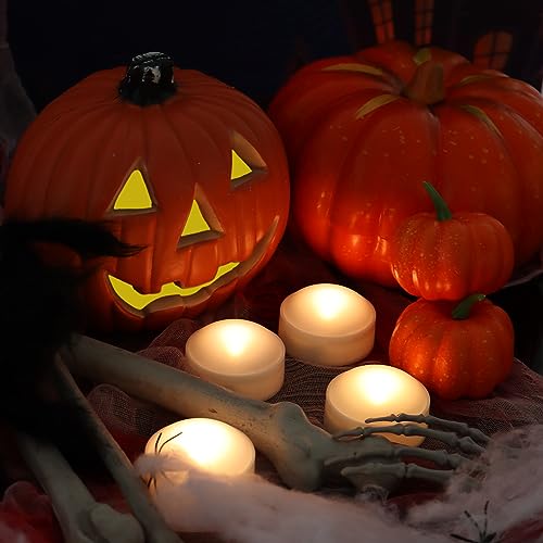 Image of 4 Pack Halloween LED Pumpkin Lights with Remote and Timer White Color Flickering Battery Operated Decor Jack-O-Lantern Flameless Electric Candles for Pumpkin Home Outdoor Decorations