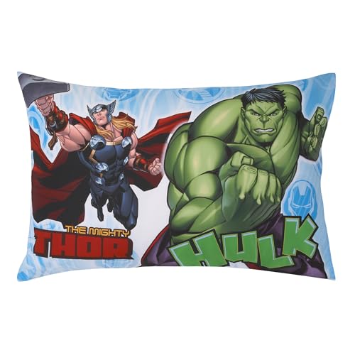 Image of NoJo Marvel The Avengers I Am A Hero Blue, Green, Red, and Yellow 4 Piece Toddler Bed Set - Comforter, Fitted Bottom Sheet, Flat Top Sheet, and Reversible Pillowcase