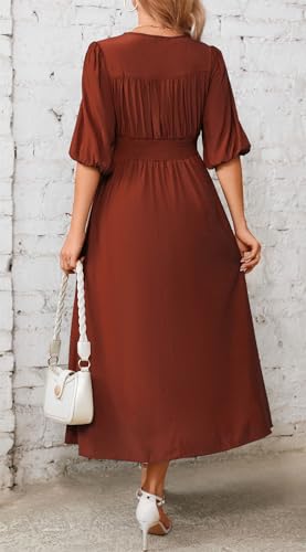 Image of Kormei Women Casual Boho V Neck 3 /4 Sleeve Smocked Waist A Line Flowy Swing Midi Dress Smocked Long Dress
