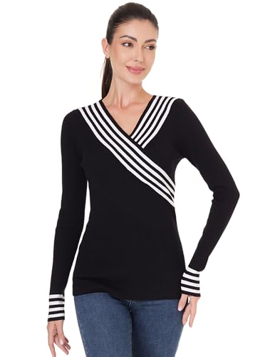 AmélieBoutik Women V Neck Sexy Faux Wrap Slim Fitted Striped Trim Long Sleeve Sweater Top4