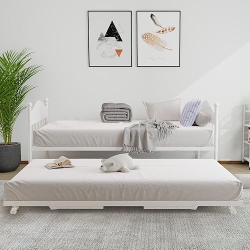 Twin Daybed with Trundle, Twin Bed Frame with Sturdy Metal Foldable Trundle, Sofa Bed with Stylish Headboard for Living Room, Bedroom and Guest Room, White