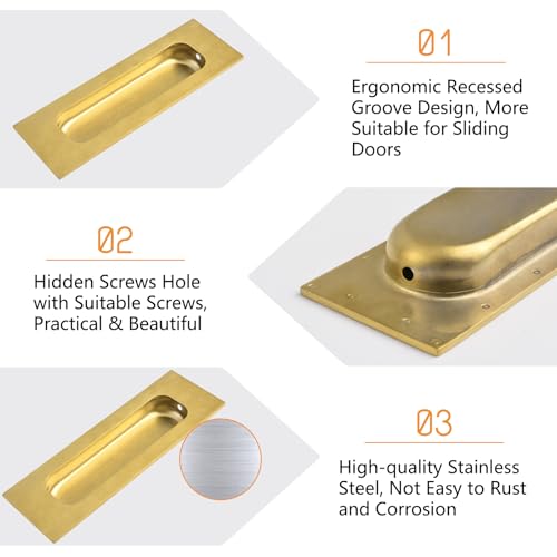 Image of MOROBOR 8pcs Square Brushed Gold Flush Handles Recessed Finger Pulls, 4.7 Inch Length Sliding Door Handles, Stainless Steel Cabinet Pulls for Wardrobe Drawer