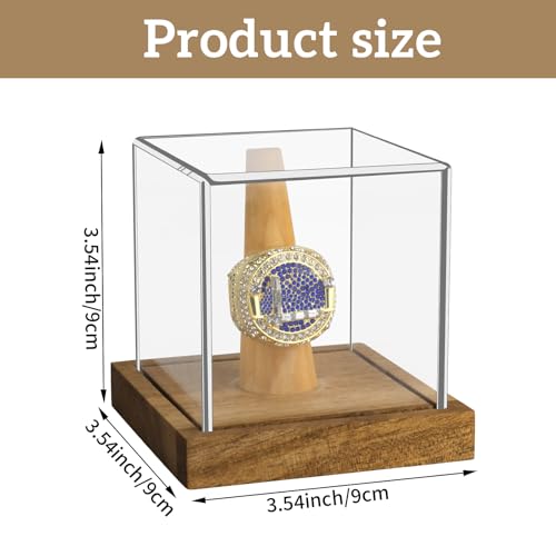 Image of Clear Acrylic Championship Ring Display Case with Wood Stand Base, Memorabilia Stand Cube Holder Dust Protection Transparent Storage Box for Sports Baseball Basketball Fan Souvenir Protection Supplies