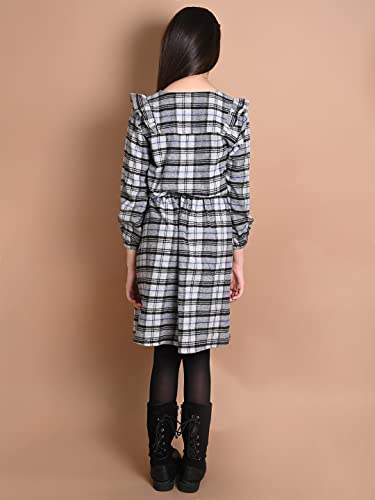 Image of LILPICKS Girls Checkered Print Button Down Long Sleeve Fit n Flare Dress (Grey Black)