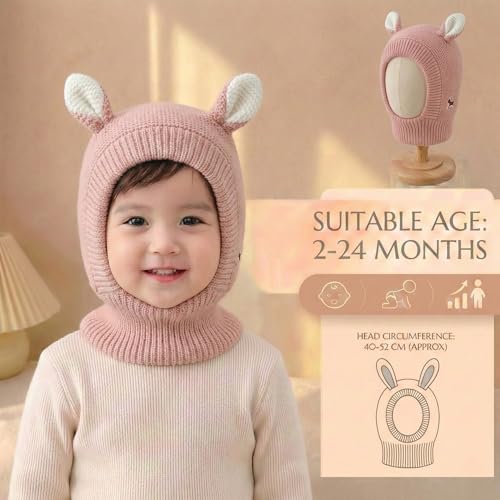 Image of Kraptick Winter Warm Ear Protection Knitted Woolen Unisex Baby Cap with Cute Animal Ears, Soft Fleece Lined Knit Hat with Ear Flaps, Stretchable Monkey Cap for Cold Weather -1