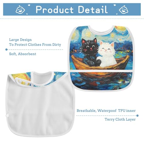 MCHIVER Cats Boat Blue Baby Bibs for tag1 Waterproof Feeding Bib Apron with Food Cather Adjustable Cotton Food Eating Bib 2 Pack3