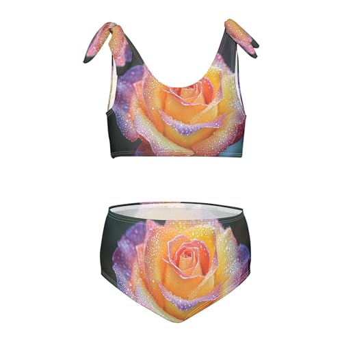 Rainbow Color Rose Flower with Water Drop Girls Bikini Sets 2 Piece Swimsuits Bathing Suit Swimwear
