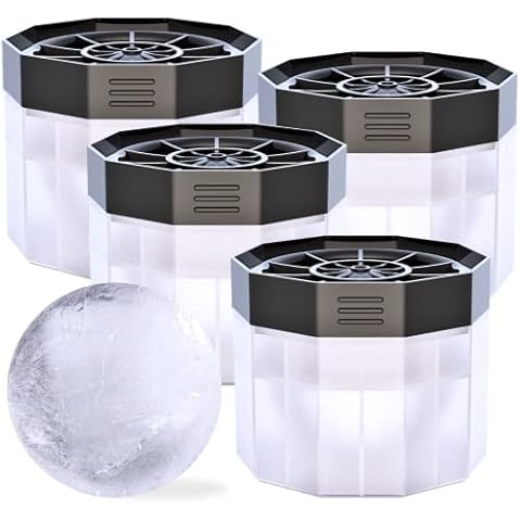 Bella Amazing- Ice Ball Molds, 2.5 Inch Round Ice Cube Molds. This Stackable Slow Melting Ice Sphere Molds are perfect for Whiskey, Scotch, Bourbon, Spirits, or any Drink (4, Black) (4, Clear) Cover