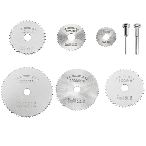 Juego de 8 Piezas Discos de Corte de Acero Rápido para Herramienta Rotativa, 6 Hojas HSS (22/25/32/35/44/50mm) y 2 Mandriles Rectos, Accesorio Multifuncional para Corte de Madera