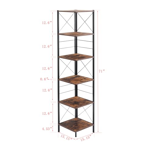 6-Tier Corner Shelf, Industrial Corner Bookshelf with Metal Frame, 71" Tall Corner Shelf Stand Display Rack, Corner Bookcase for Samll Space, Home Office, Living Room, Rustic Brown
