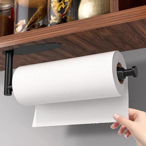 Image of Single Hand Operable Paper Towel Holder Under Cabinet with Damping Effect, Self Adhesive Paper Towel Roll Holder Wall Mount for Kitchen Bathroom, SUS304 Stainless Steel, Black