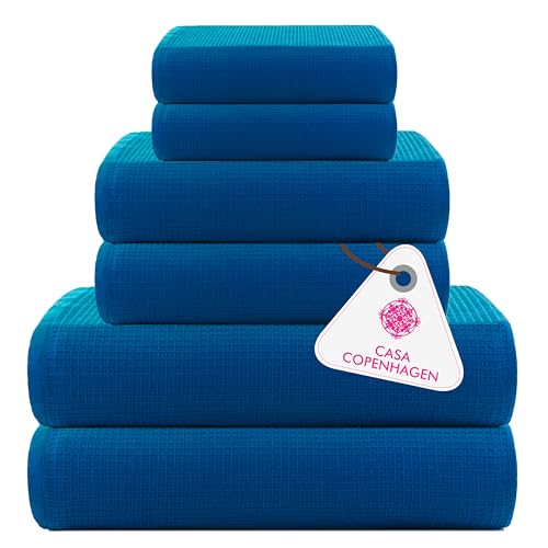Image of Casa Copenhagen, Egyptian Cotton - Waffle Terry Towel 6 Piece Set, Includes 2 Bath Towels 2 Hand Towels 2 Washcloths - Electric Blue