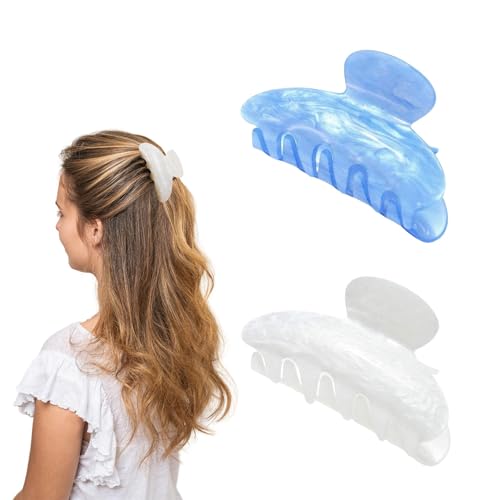 2-Pack Acrylic Hair Claw Clips White & Sea Blue Non-Slip Hair Clamps Medium Size Ideal UAE & Saudi Gift for Women Girls Durable Hair Accessories