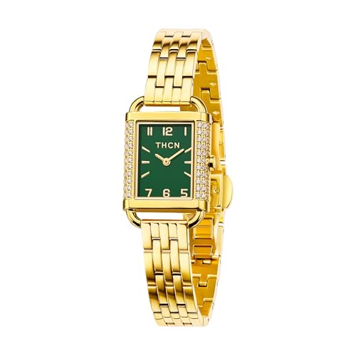 THCN Hebe Gold Watches for Women 84 pcs Cubic Zirconia Stones with CNC Claw Setting on Rectangular Case, Double Plated Stainless Steel Bracelet Womens Watches (THCN0005-1)