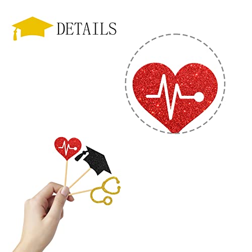 24 Pcs Doctor Grad Cupcake Toppers/Nurse Grad Cupcake Decor/Nursing/Medical Rn Themed Cupcake Toppers/Graduation Party Cupcake Decorations/Black & Red & Gold Glitter #TOP6