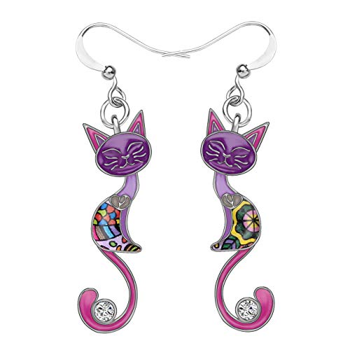 WEVENI Enamel Alloy Hypoallergenic Cat Earrings Dangle for Women Aesthetic Cats Jewelry Gifts (Purple)