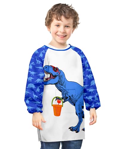 PASHOP Blouse de peinture imperméable à manches longues longueur genou avec poche (dinosaure bleu, 3 à 7 ans)