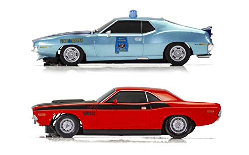 Scalextric American Police Chase Amc Javelin Vs Dodge Challenger Police Car 1:32 Slot Car Race Track Set C1405T, Red & Blue #TOP7