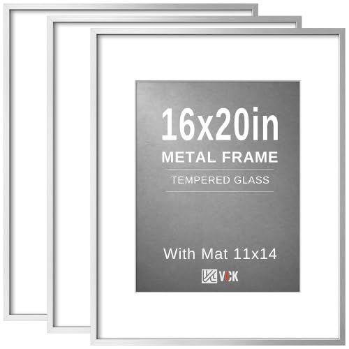 Image of VCK 16x20 Frames Silver Metal, Real Glass, 11x14 Mat, 3 Pack, for Picture