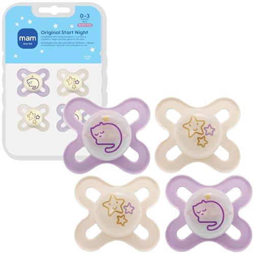 Image of MAM Original Start Night Baby Pacifiers 0-3 Months Newborns, BPA-Free Skin Soft Silicone Nipple, Glows in The Dark, Developed with Medical Experts, 4 Count