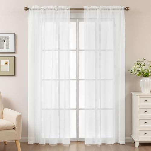 Image of White Sheer Curtains 84 Inches Long, Privacy Semi Sheer Curtains for Living Room Bedroom, Light Filtering Rod Pocket Voile Window Drapes 2 Panels Set, Each 42 inch W x 84 inch L