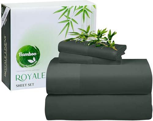 Image of Royale Linens Bamboo Viscose Queen Sheet Set - Cooling Bed Sheet Set - 1 Fitted, 1 Flat & 2 Pillowcase - Fits Up to 16 inch - Organic Viscose Derived from Bamboo - Bedding Sheet & Pillowcase (Queen, Grey)