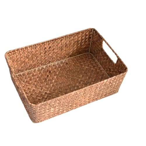 YAKINO バスケット 深型 ハンドバッグ収納 ラタンボックス 天然ラタン ハンドル付き 観葉植物 植木鉢 食料品 スナック 野菜 天然ストロー 手編み植木鉢 (コーヒー色,XL)