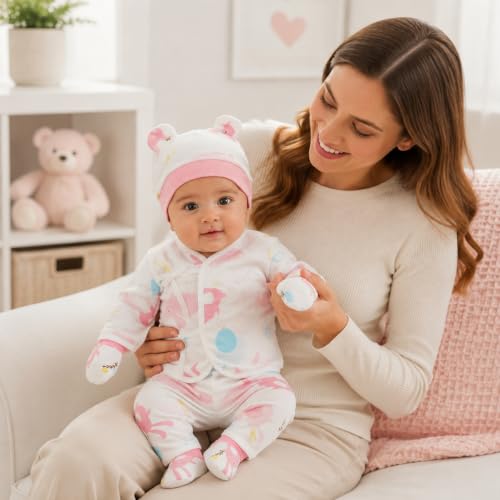 Image of SNOWIE SOFT 5Pcs Set New Born Baby Clothes 0-3 Months with Cotton Long Sleeve Top and Pants, Gloves, Socks, Bear Ear Hat, Infant Clothes 0-3 Months New Born Baby Gifts Shower Gift