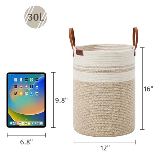 Image of VIPOSCO 30L Small Woven Rope Laundry Hamper, Leather Handles, Brown & White