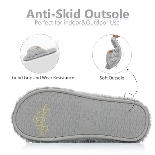 Image of GOEWY Fuzzy Open Toe Slippers for Women Cozy Memory Foam House Shoes Indoor | Cute Cross Band,Soft Faux Fur,Anti-slip Sole Outdoor,Machine-washable,Lightweight,Slip on Gifts for Women,Mom and Bridesmaid