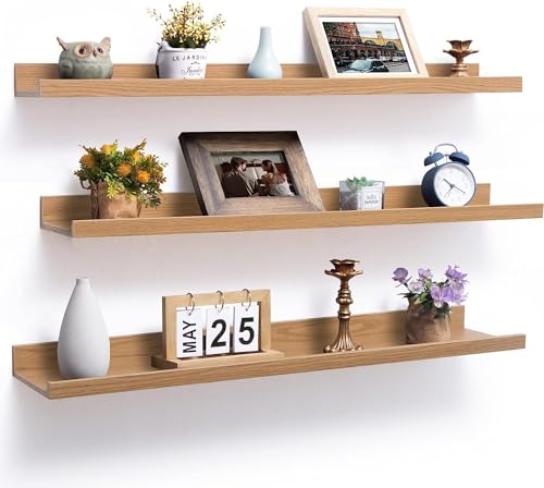 Image of Wooden Floating Wall Shelves Set of 3 for Living Room & Bedroom | Modern Wall Mounted Display Rack for Decor, Photo Frames, Plants & Storage (Natural, 35 Inch)