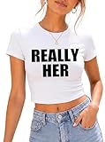 Hilinker Womens Short Sleeve Graphic Crop Tops Vintage Tees Summer Cute T Shirts White Letter Really Small